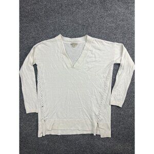 Lucky Brand Cashmere Sweater Women's Medium White Long Sleeve V Neck Braided
